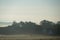 Landscape of foggy morning in SkÃ¥ne Scania showing flat farmlands and wind turbine generating renewable energy