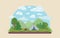 Landscape with forest campsite against mountains in background. Flat vector illustration.