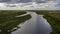 Landscape of the forest-tundra and the sandy river bank, bird`s eye view.Arctic Circle, tunda. Beautiful landscape of  tundra fro