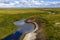 Landscape of the forest-tundra and the sandy river bank, bird`s eye view.Arctic Circle, tunda. Beautiful landscape of  tundra fro