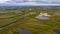 Landscape of the forest-tundra and the sandy river bank, bird`s eye view.Arctic Circle, tunda. Beautiful landscape of  tundra fro