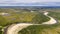 Landscape of the forest-tundra and the sandy river bank, bird`s eye view.Arctic Circle, tunda. Beautiful landscape of  tundra fro