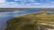 Landscape of the forest-tundra and the sandy river bank, bird`s eye view.Arctic Circle, tunda. Beautiful landscape of  tundra fro