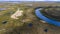 Landscape of the forest-tundra and the sandy river bank, bird`s eye view.Arctic Circle, tunda. Beautiful landscape of  tundra fro