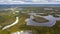 Landscape of the forest-tundra and the sandy river bank, photo from quadrocopter, bird`s eye view.Arctic Circle, tunda