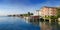 Landscape with Garda lake and Hotels on beach, Sirmione, Italy.