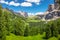 Landscape in Gardena pass and Sassolungo massif, Dolomites at springtime, Italy