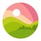 Landscape with gradual pink sunset and green shaded hills in a circle icon