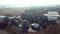 Landscape Grain Elevator. Aerial Drone View. Flight View Over Metal Round Silos