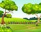 Landscape Grass Field Hill View With Apple Trees Cartoon