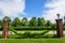 Landscape with grass, roses and large old green trees towards clear blue sky in King Michael I Park Herastrau, in a sunny spring