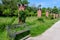 Landscape with grass, roses and large old green trees towards clear blue sky in King Michael I Park Herastrau, in a sunny spring