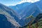 Landscape with green deep valley, Apurimac River canyon, Peruvian Andes mountains on Choquequirao trek in Peru