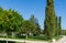 Landscape with green grass, ornamental and evergreen trees. Public landscape Ñity park `Krasnodar` or `Galitsky park`