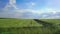 Landscape green grass panorama under sunny day with sunlight, blue sky and clouds, shot with dolly camera and slow motion style