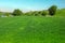 Landscape of a green grassy valley, trees, hills and blue sky an