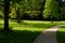 Landscape. Green shady European city park. Resting-place. European park with shady alleys, a trimmed lawn, decorative bushes and