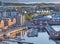 The landscape of the harbor in the city of Bodo on a summer day. A small port in an urban town with boats, buildings