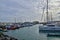 Landscape with harbor and yachts on the spanish canary island of fuerteventura on a sunny day