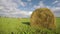 Landscape with hay bales on summer field and rainbow. Timelapse 4K