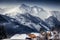 Landscape of high Austrian Alps with traditional houses covered