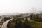 Landscape of highways surrounded by buildings covered in the fog in Seattle, Washington