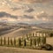 Landscape of hills, country road, cypresses - vintage