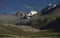 Landscape with the Himalayan mountains in the background on the way to the Everest base camp,