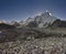 Landscape with the Himalayan mountains in the background on the way to the Everest base camp,