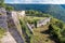 Landscape with Hohenurach Castle in Bad Urach, Germany. Fortress walls of abandoned old German castle in Swabian Alps