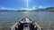 Landscape horizontal outdoor kayaking water sport adventure on ocean with mountain and blue sky