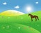 Landscape with horses and clouds. Horse silhouette on grassland in the rolling hills illustration in the flat style