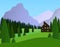 Landscape with a house in the mountains. Spruce forest and fields. 3d paper cut design. Advertising travel and recreation. Vector