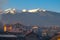 Landscape with house views and beautiful mountains at sunset in Bansko, Bulgaria.