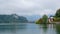 Landscape with houses and Bled Castle surrounding Bled Lake in Slovenia