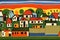 landscape with houses,field,sunrise, river,animals,birds, cars and people rendered in art Brut style