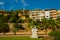 Landscape with houses, mosque and monument. Alanya, Antalya district, Turkey, Asia