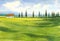 Landscape with houses, watercolor illustration with tuscany trees, blue sky and green grass