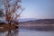 Landscape with a huge lake at the end of the autumn season. rocky mountains and high forests on the distant horizon. silhouettes o