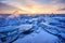 Landscape of Ice hummock and cracks at frozen lake Baikal