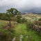 Landscape image of view from Precipice Walk in Snowdonia overlooking Barmouth and Coed-y-Brenin forest during rainy afternoon in