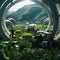 A landscape inside a toroidal shaped space station with crops of green tall grass Generative AI