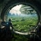 A landscape inside a toroidal shaped space station with crops of green tall grass Generative AI