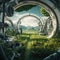 A landscape inside a toroidal shaped space station with crops of green tall grass Generative AI