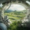 A landscape inside a toroidal shaped space station with crops of green tall grass Generative AI