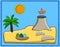 Landscape with the island of dinosaurs. Volcano, palm trees, sand, stones, sun, dinosaur eggs. prehistoric cartoon panorama