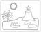 Landscape with the island of dinosaurs. Volcano, palm trees, sand, stones, sun, dinosaur eggs. Vector illustration in stitch style