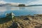 Landscape with Island with pines and boat in Batak Reservoir, Bulgaria