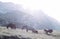 Landscape Italy, Dolomites - at sunrise horses graze on the barren rocks