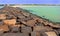 A landscape of the karaikal beach with stone way.